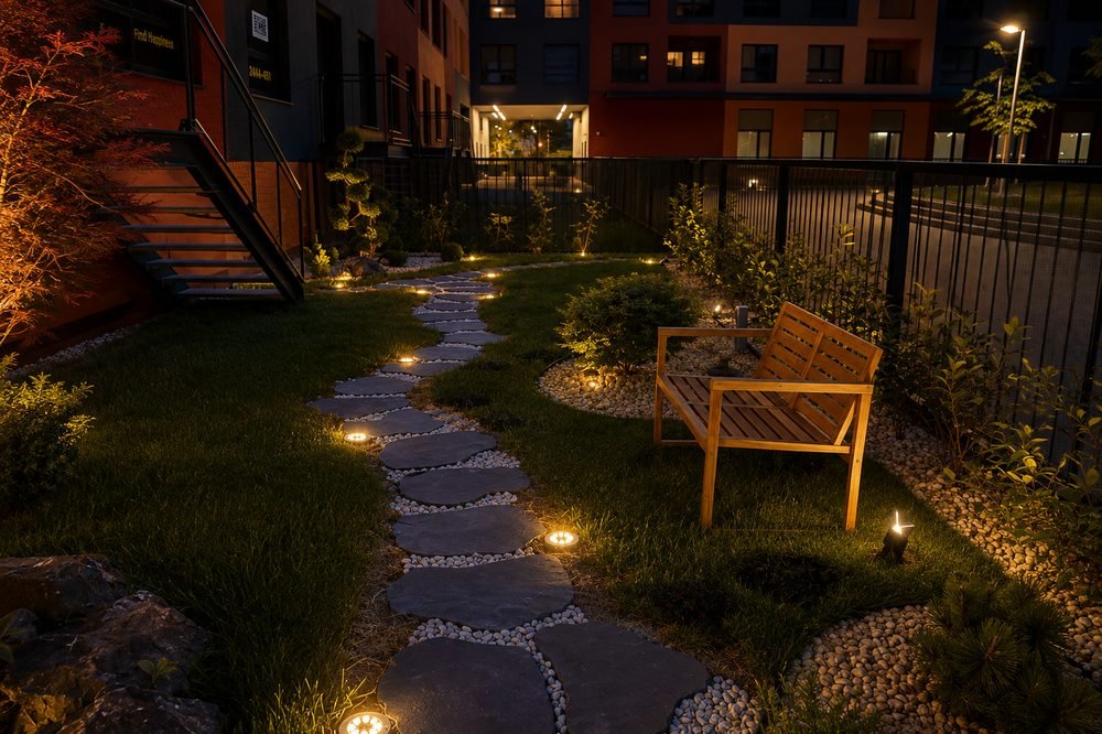 Garden path leading to the studio at night